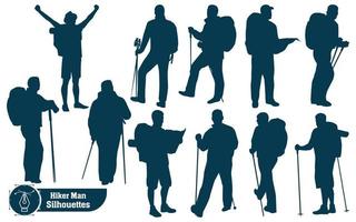 Vector collection of male hiker in mountains silhouettes in different poses