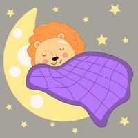 Cute lion sleeping on the moon. Kawaii animal concept illustration for nursery. Stock vector cartoon illustration, eps 10