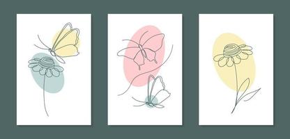 Set of posters with flowers and butterfly in line art style. Minimalist abstract single line illustration. Good for interior decor, greeting card, invitation or social media posts. vector