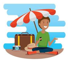 woman tourist with umbrella and travel baggage vector