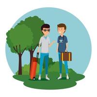 men tourist with suitcase and baggage to travel vector