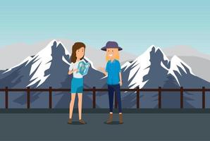 women tourist with global map in the snowy mountains vector