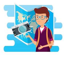 man wearing glasses with camera and global map vector