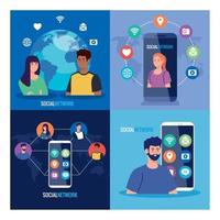 set posters of social network, people connected digitally, interactive, communication and global concept vector