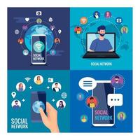 set posters of social network, people connected digitally, interactive, communication and global concept vector