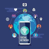 social network, smartphone and people connected for digital, interactive, communication and global concept vector