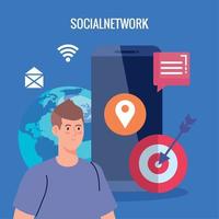 red social, hombre con smartphone, comunicación y concepto global vector