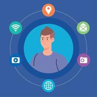 social network, young man and social media icons, global communication concept vector