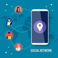 social network, smartphone and people connected for digital, interactive, communication and global concept
