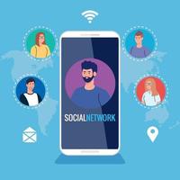 social network, people connected in smartphone, interactive, communicate and global concept vector