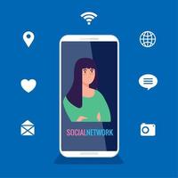 red social, mujer joven con smartphone e íconos de redes sociales vector