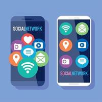 red social, teléfonos inteligentes con íconos de redes sociales vector