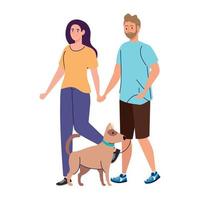 young couple on a walk with a dog on white background vector