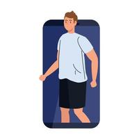 young man in smartphone device, on white background vector