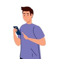 young man using smartphone device on white background vector