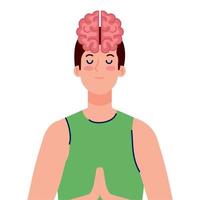 Hombre meditando con icono de cerebro, sobre fondo blanco. vector