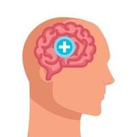 Silueta de perfil humano con cerebro y símbolo de cruz, mente positiva sobre fondo blanco. vector