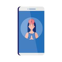 asistencia de salud mental en línea en smartphone, mujer meditadora con icono cerebral, sobre fondo blanco vector