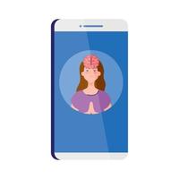 asistencia de salud mental en línea en smartphone, mujer meditadora con icono cerebral, sobre fondo blanco vector