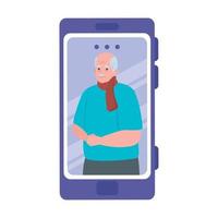 smartphone video call, old man in conference video call online vector