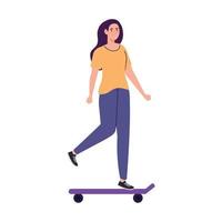 bastante, mujer joven, en, patineta, blanco, plano de fondo vector