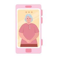 smartphone video call, old woman in conference video call online vector