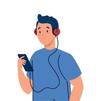 young man using headphones and smartphone on white background vector