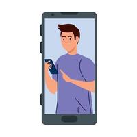 joven en dispositivo smartphone, sobre fondo blanco vector