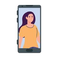 Mujer joven en dispositivo smartphone, sobre fondo blanco. vector