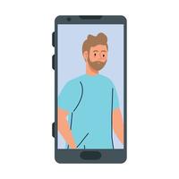 joven en dispositivo smartphone, sobre fondo blanco vector