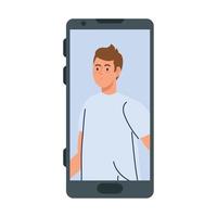 young man in smartphone device, on white background vector