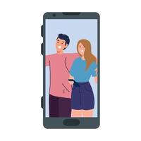 young couple in smartphone device, on white background vector