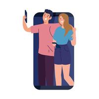 feliz pareja tome selfie en smartphone, sobre fondo blanco vector