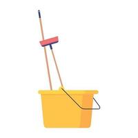 plastic bucket tool yellow color with broom, on white background vector