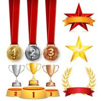 Trophy Awards Cups, Golden Laurel Wreath With Red Ribbon And Gold Shield. Realistic Golden, Silver, Bronze Achievement Medals. Sports Placement Podium. Isolated Vector Illustration