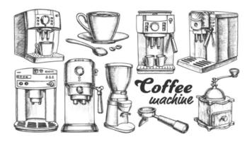 máquina de café, soporte y taza retro set vector