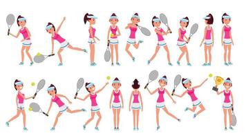 Woman Tennis Player Vector. Playing With The Ball. Different Poses. In Action. Flat Cartoon Illustration vector