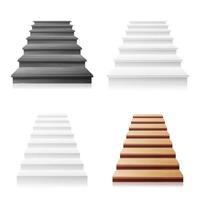 Staircase Vector Set. White, Wooden Dark. 3D Realistic Illustration. Front View Of Clean White Empty Staircase Vector. Business Success Progress Concept. Isolated