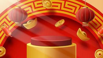 Chinese New Year display podium decoration background with chinese ornament. Vector 3D Illustration