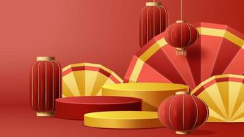 Chinese New Year display podium decoration background with chinese ornament. Vector 3D Illustration