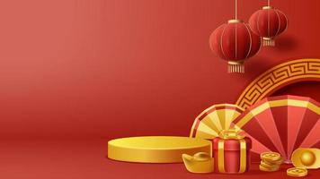 Chinese New Year display podium decoration background with chinese ornament. Vector 3D Illustration