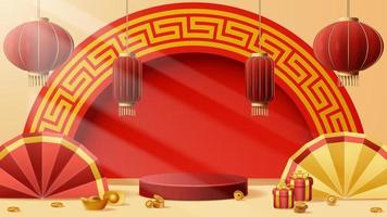 Chinese New Year display podium decoration background with chinese ornament. Vector 3D Illustration