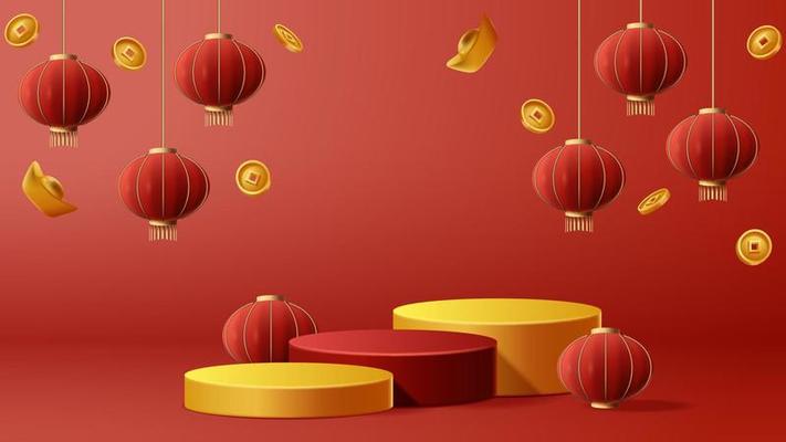 Chinese New Year display podium decoration background with chinese ornament. Vector 3D Illustration