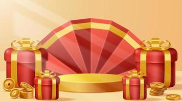 Chinese New Year display podium decoration background with chinese ornament. Vector 3D Illustration