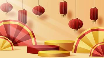 Chinese New Year display podium decoration background with chinese ornament. Vector 3D Illustration