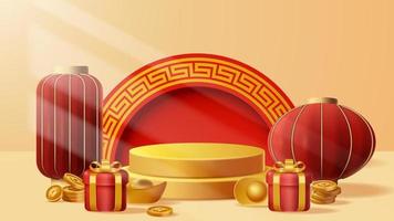 Chinese New Year display podium decoration background with chinese ornament. Vector 3D Illustration