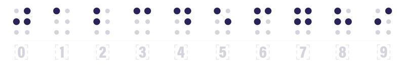 Braille number symbols. Tactile writing system used by visually impaired people icon set. Isolated vector illustration