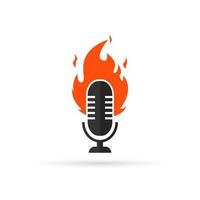 Microphone with flames icon. Music Fire Logo Design. Flame fire podcast microphone symbol. Vector drawn isolated