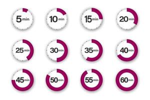 Set of timers. 5, 10, 15, 20, 25, 30, 35, 40, 45, 50, 55, and 60 minutes. Countdown timer icons set. Isolated vector illustration.