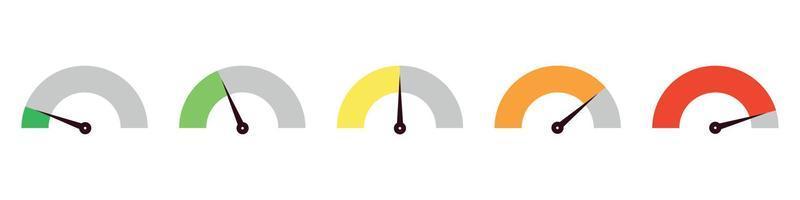 Set of different colorful speedometers, meter gauge element, ratings of varying degrees of satisfaction. Level indicator collection. Vector isolated illustration